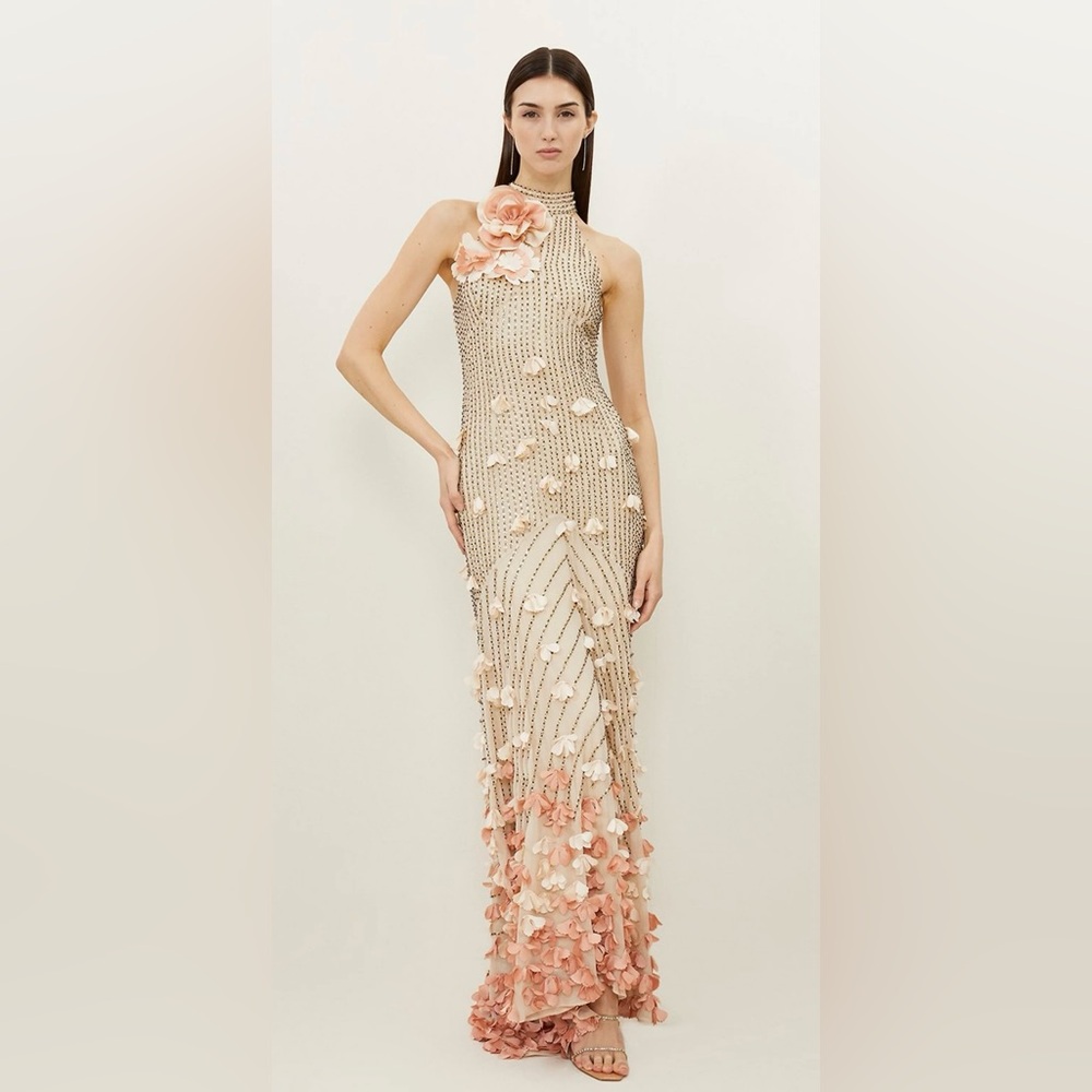 Karen Millen Crystal Applique Woven Maxi Rosette Maxi Dress